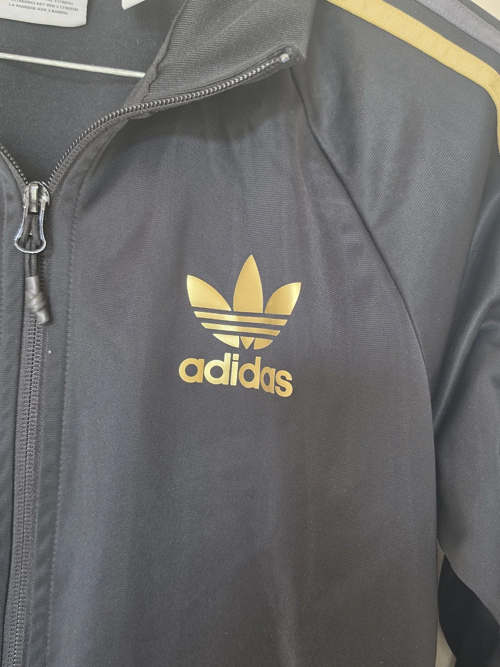 adidas Black Track Jacket with Gold & Gray Stripes Size Small